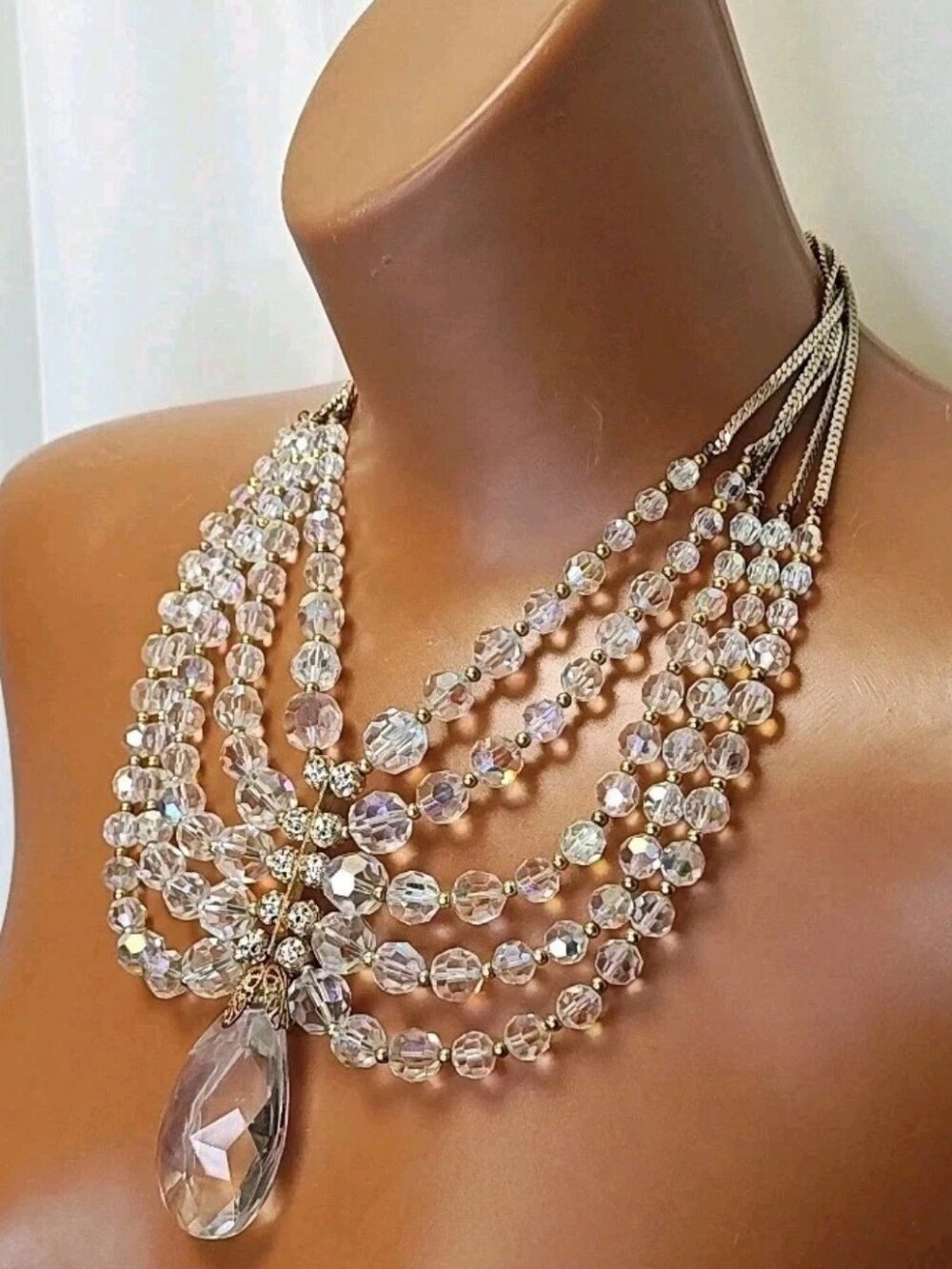 Vintage Bib Necklace AB Beaded Teardrop Pendant Gold Tone Chandelier Choker 17"